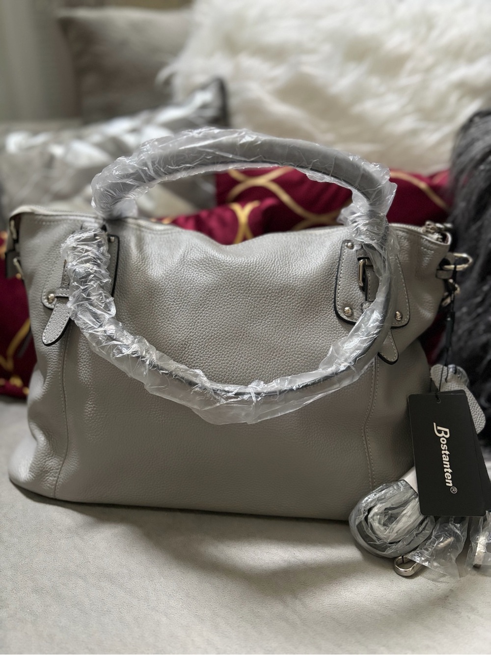 Grey Leather Satchel Handbag